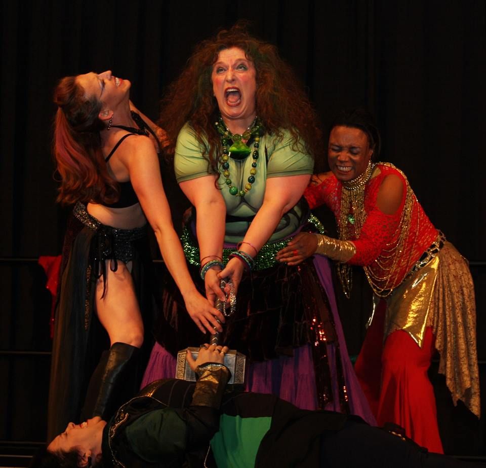 Margaret belly dancing as Hulk with Different Drummer Belly Dancers. 